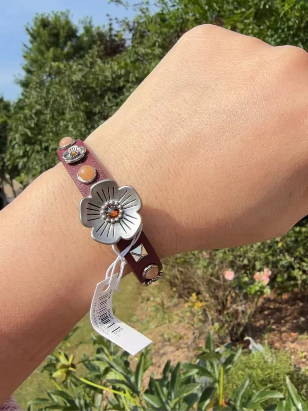 NWT Coach Willow Floral Studded Leather Bracelet Bordeaux Tea Rose Charm 22136